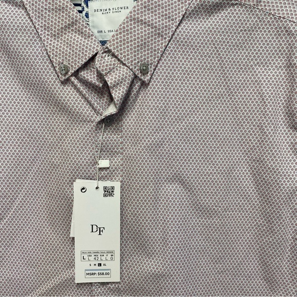 Denim & Flower Long Sleeve Button Up Shirt with Red & Blue Patterns - Picture 2 of 7